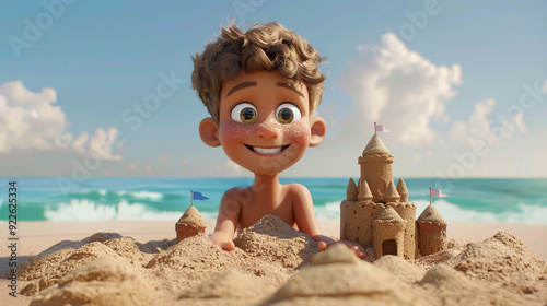 A kid with a serious expression while building a sandcastle. Animated character, C4D model rendering, 3D rendering - Generative Ai