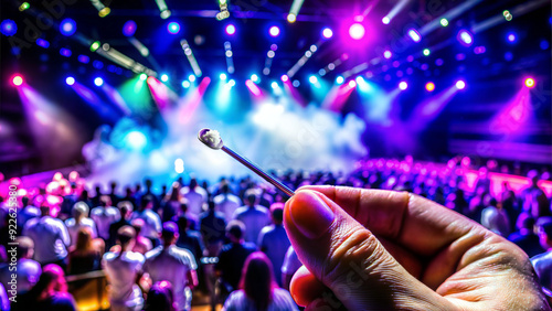 Hand holding ketamine spoon with bump at underground warehouse rave, vibrant photo