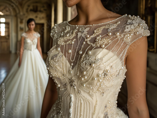 Two women are wearing white dresses with pearls and lace. The dresses are very elegant and the women are posing for a photo. Scene is sophisticated and classy photo