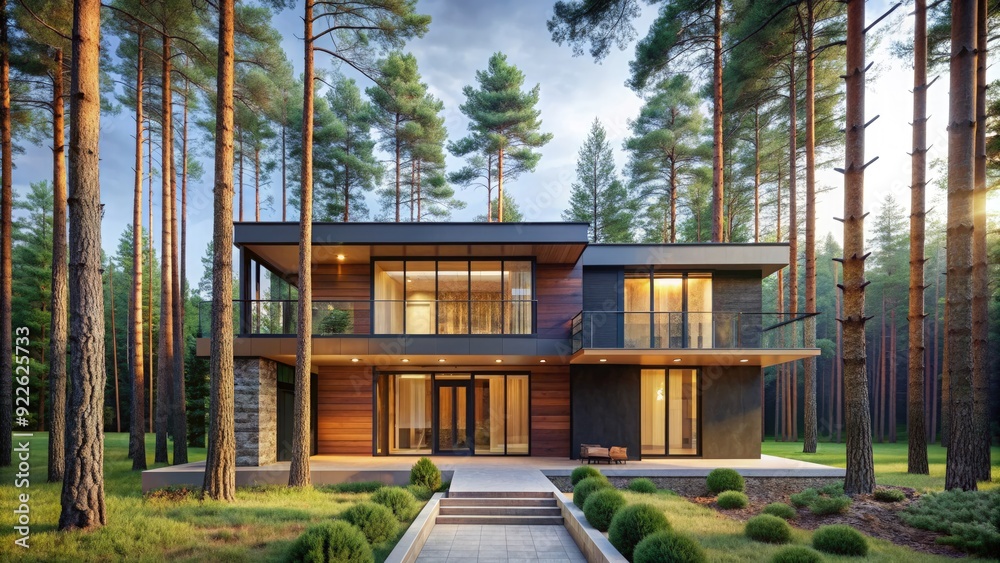 Modern house surrounded by tall pine trees in a serene forest setting. Generative AI Modern house surrounded by tall pine trees in a serene forest setting. Generative AI