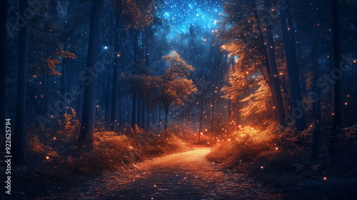 A magical night panorama in which the stars illuminate the charming forest road, introducing an atmosphere of peace and mystery.