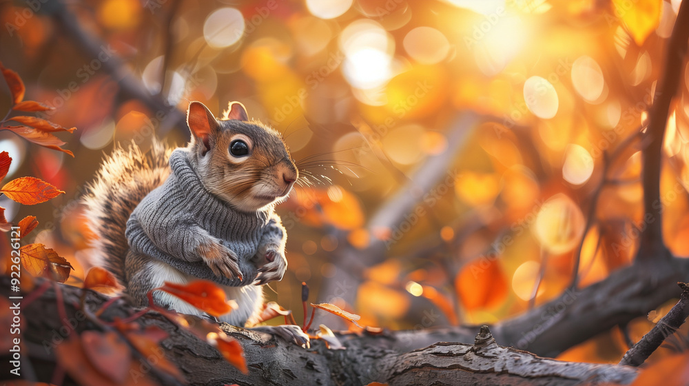 Obraz premium Squirrel in Knitted Sweater Perched on Wooden Fence