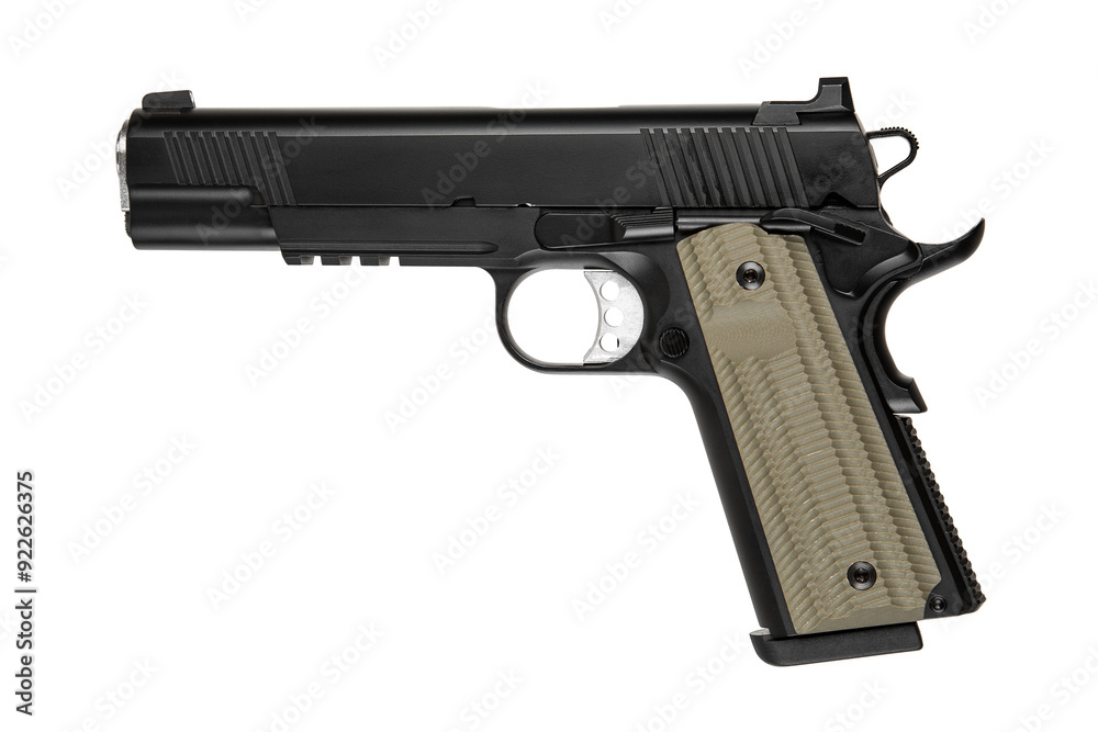 Modern semi-automatic pistol isolate on a white background. Armament for the army and police. Short-barreled weapon Modern semi-automatic pistol isolate on a white background. Armament for the army and police. Short-barreled weapon