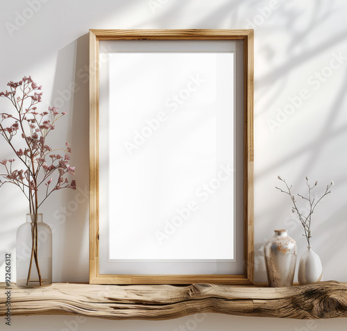 Canvas Mock-up, Vertical wooden framed poster Mockup