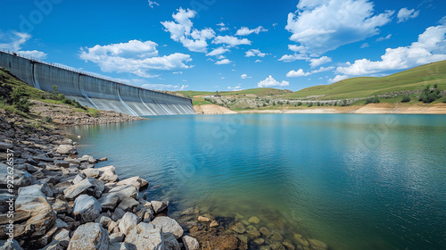 Picturesque view of a large dam with crystal clear blue water and a rocky shore, with green hills and a partly cloudy sky in the background.