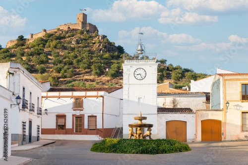 Clock Tower and Miraflores Castle in Alconchel, Badajoz, Extremadura, Spain