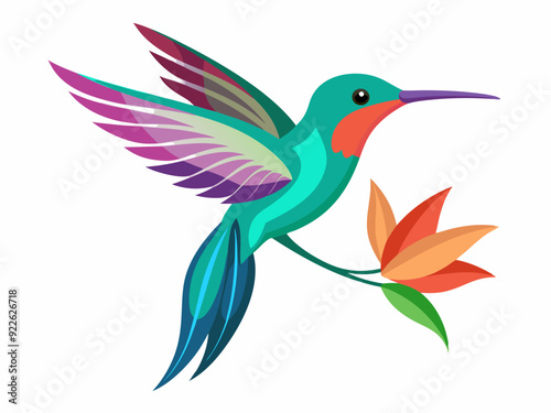 Colibri. Colibri tropical volant multicolore avec fleur isolée sur fond blanc. Illustration vectorielle d’un oiseau paradisiaque brillant survolant la fleur en fleurs - Illustration
