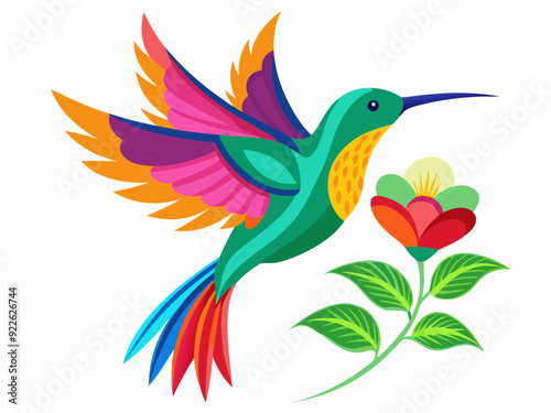 Colibri. Colibri tropical volant multicolore avec fleur isolée sur fond blanc. Illustration vectorielle d’un oiseau paradisiaque brillant survolant la fleur en fleurs - Illustration
