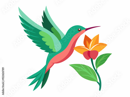 Colibri. Colibri tropical volant multicolore avec fleur isolée sur fond blanc. Illustration vectorielle d’un oiseau paradisiaque brillant survolant la fleur en fleurs - Illustration
