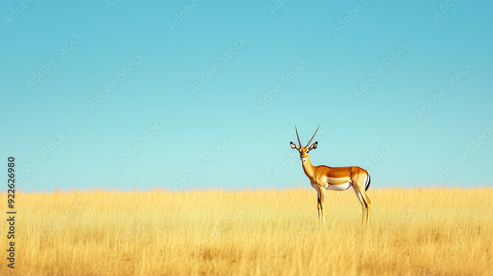 Alone, the impala surveys its surroundings on a vast, golden savannah, under a crystal clear sky. Alone, the impala surveys its surroundings on a vast, golden savannah, under a crystal clear sky.