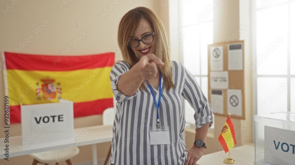 Woman voting at electoral college with spanish flag displaying pride and determination Woman voting at electoral college with spanish flag displaying pride and determination
