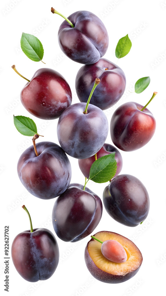 Fresh purple plums with green leaves, PNG isolated transparent Fresh purple plums with green leaves, PNG isolated transparent