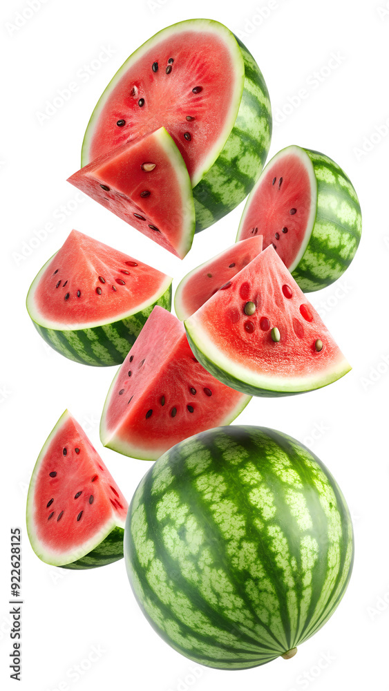 Floating sliced watermelon pieces, PNG isolated transparent