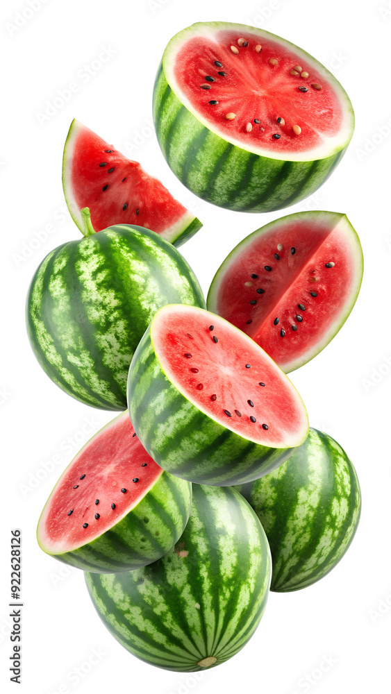 Stacked whole and sliced watermelons with seeds, PNG isolated transparent Stacked whole and sliced watermelons with seeds, PNG isolated transparent