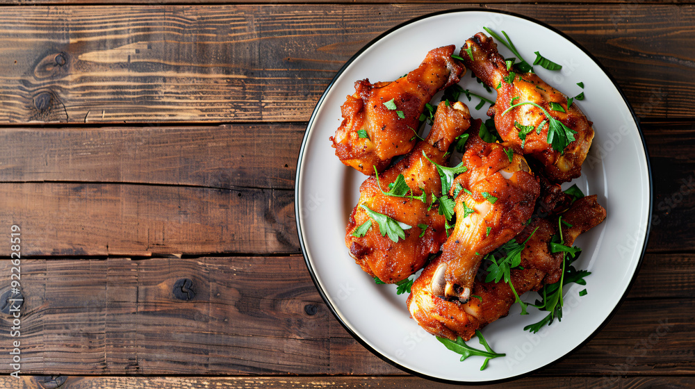 Crispy fried chicken drumsticks garnished with herbs are served on a white plate over a dark wooden background Crispy fried chicken drumsticks garnished with herbs are served on a white plate over a dark wooden background