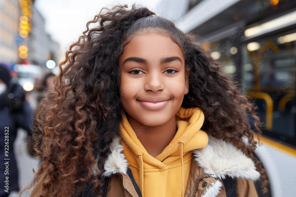 Back to school concept. Smiling girl with curly hair in a warm hoodie outdoors on a city street Back to school concept. Smiling girl with curly hair in a warm hoodie outdoors on a city street