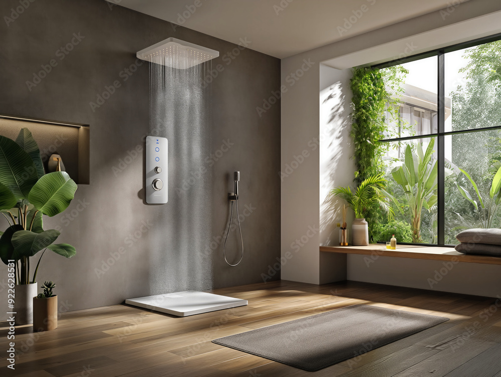 A bathroom with a shower and a window. The shower is a walk in shower with a glass door. The ...