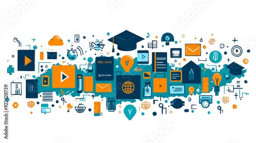 A colorful collage of educational and digital icons representing learning and technology.