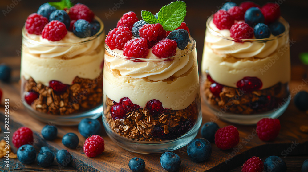 Pour un petit déjeuner sain, un yaourt en verre avec granola, fraises, framboises et myrtilles se mêle à une touche de crème.
