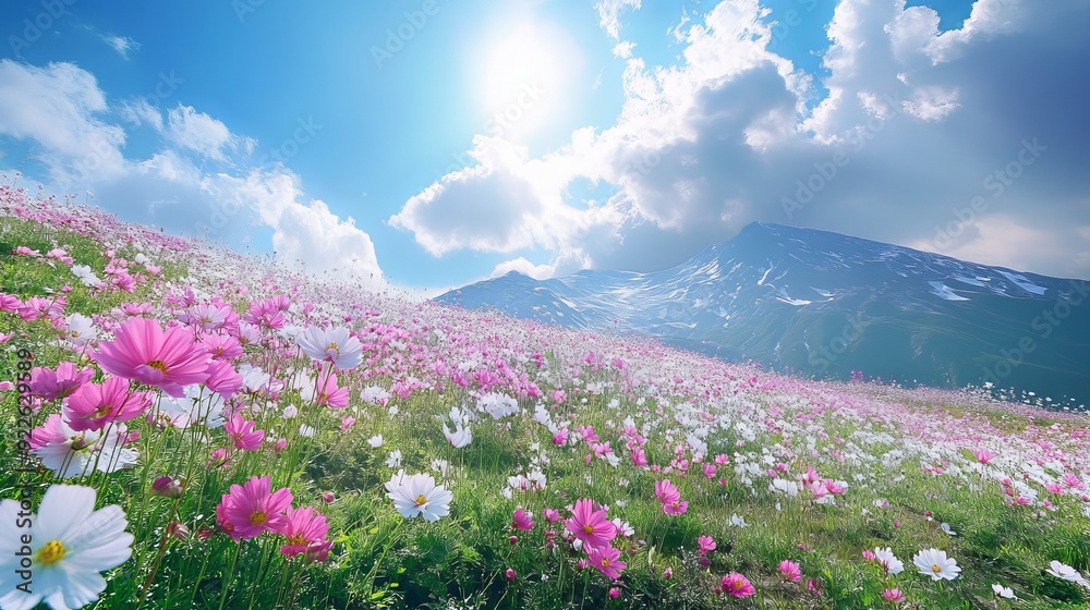 Colorful flower field with mountains and bright sky in daytime Colorful flower field with mountains and bright sky in daytime