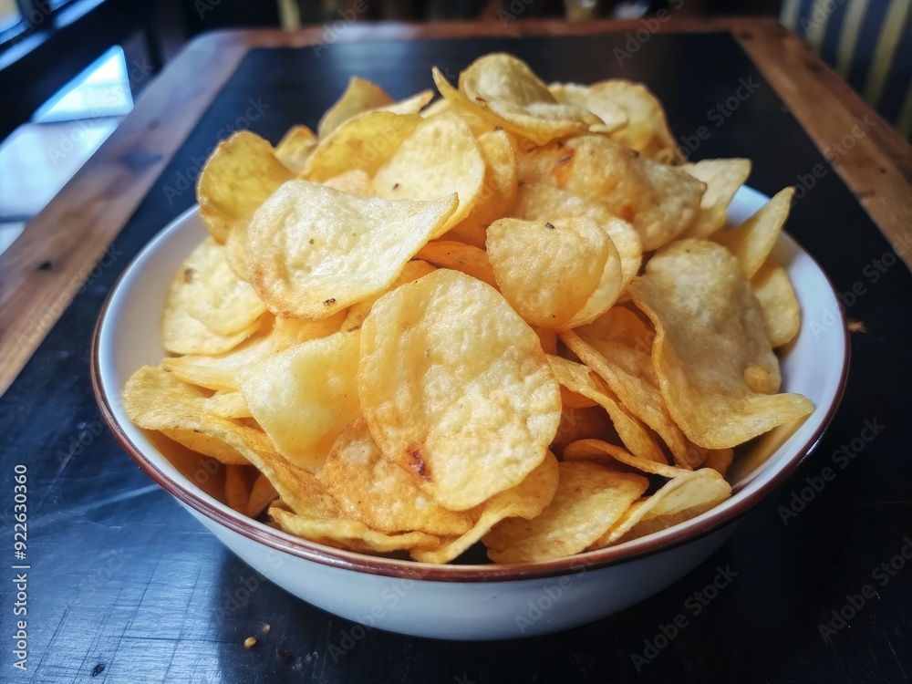 A large bowl of crispy potato chips served at a cozy restaurant. Generative AI A large bowl of crispy potato chips served at a cozy restaurant. Generative AI