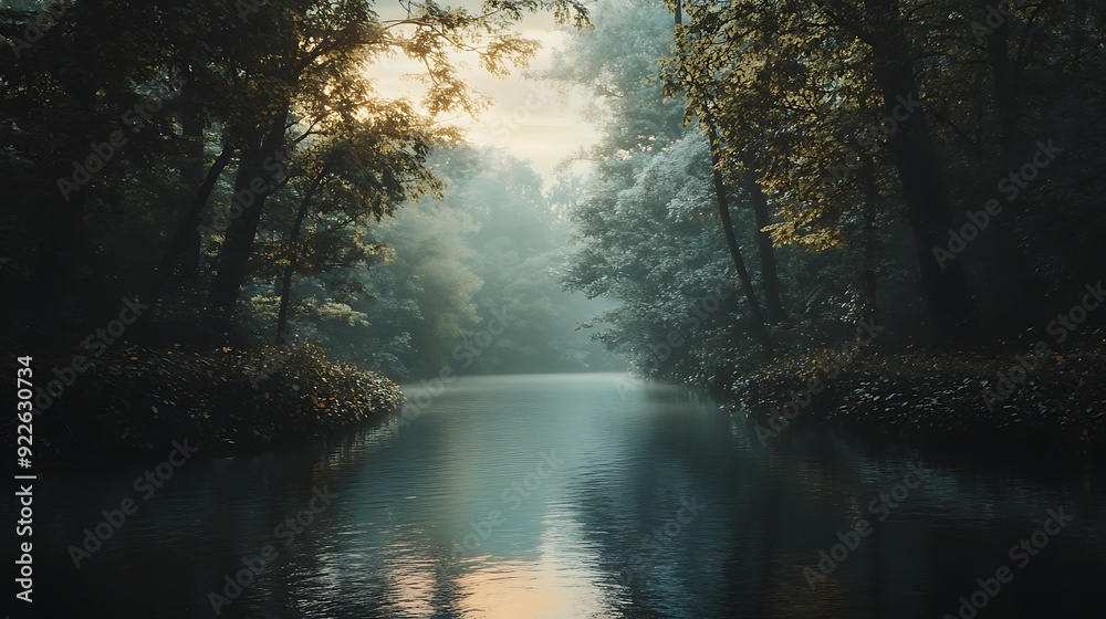Obraz premium Sunbeams dance on mist-shrouded trees, reflecting golden hues on tranquil forest stream