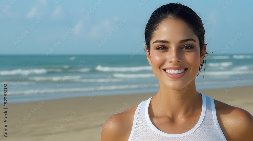 A smiling beautiful hispanic woman jogging on the beach, ocean waves and running on beach for health and exercise in background A smiling beautiful hispanic woman jogging on the beach, ocean waves and running on beach for health and exercise in background