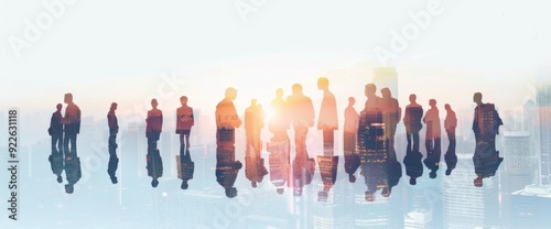 Silhouettes of ten business people standing in front of a cityscape, with a double exposure effect, against a white background with a gradient overlay Generative AI