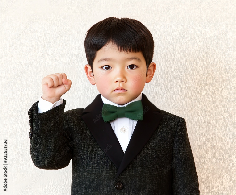 Young boy in formal attire raises his fist, conveying determination in a studio setting Young boy in formal attire raises his fist, conveying determination in a studio setting