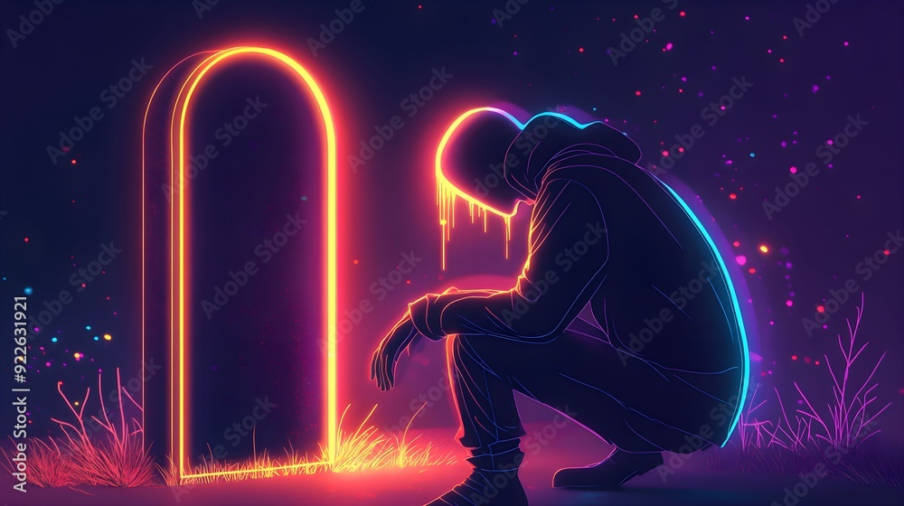 Obraz premium Minimalistyczna ilustracja neonowa, Postać klęcząca, Neonowy nagrobek, Świecące łzy, Cienkie linie neonowe, Ostrość linii, Despair, Izolacja, Smutek, Ból emocjonalny, Mroczny nastrój, Nowoczesna sztuk