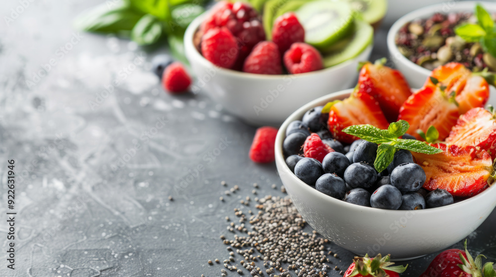 Fresh berry and chia seed bowls arranged beautifully on a dark kitchen countertop Fresh berry and chia seed bowls arranged beautifully on a dark kitchen countertop