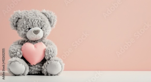 Cute Teddy Bear Holding Pink Heart on Pastel Background
