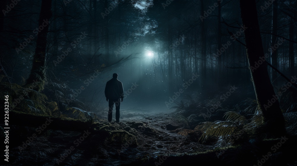 Obraz premium A solitary figure stands in a misty forest, illuminated by a mysterious light.