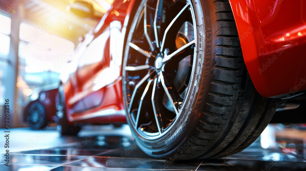 Close-up view of a car tire rotating on a wheel hub inside a showroom