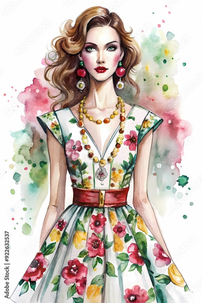 Elegant Fashion Illustration of a Stylish Woman in Watercolor