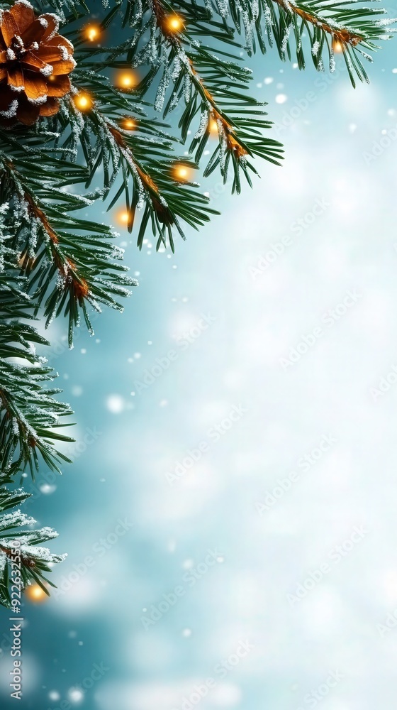merry christmas scene, border snow, tree branches and lights, copy space merry christmas scene, border snow, tree branches and lights, copy space