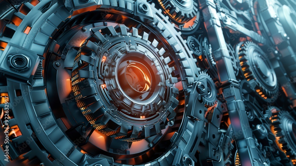 Fototapeta premium A close-up of intricate metallic gears with glowing elements, showcasing industrial design.