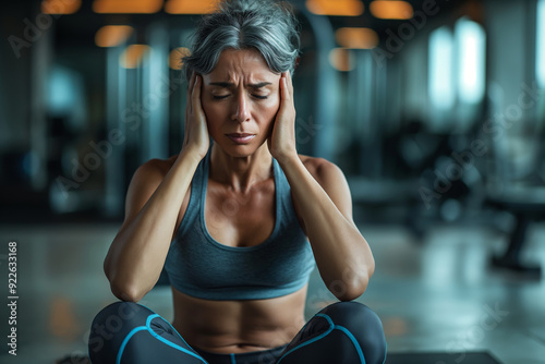 Stressed woman in fitness attire. A depiction of a woman holding her head, emphasizing stress and physical discomfort. Ideal for health, wellness, and fitnessrelated content. photo