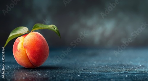 Ripe Peach With Leaf on Dark Surface in Soft Light
