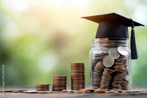 Graduation hat on coins money in the glass bottle on natural green background Saving money for education growth concept