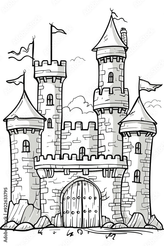 Obraz premium Black and white illustration of a medieval castle with flags on its towers