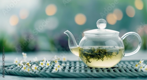 Clear Glass Teapot Brewing Herbal Tea With Fresh Leaves in a Soft Light Setting