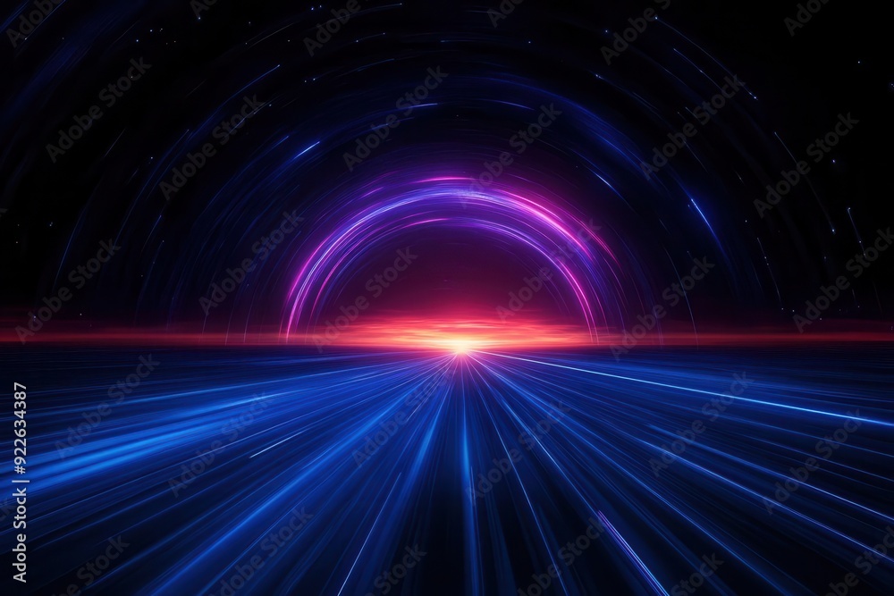 Obraz premium A vibrant cosmic scene showcasing light trails and radiant colors, evoking a sense of movement through space and time.