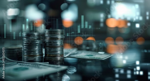 Stacked Coins on Table With Blurred Financial Activity in Background