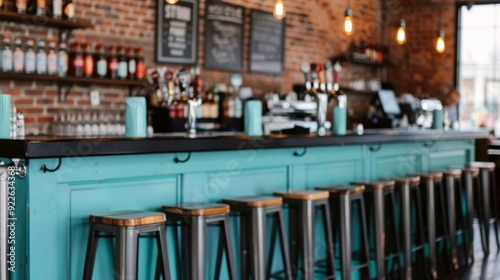 Modern Bar Interior With Wooden Stools and Brick Wall in Afternoon Light