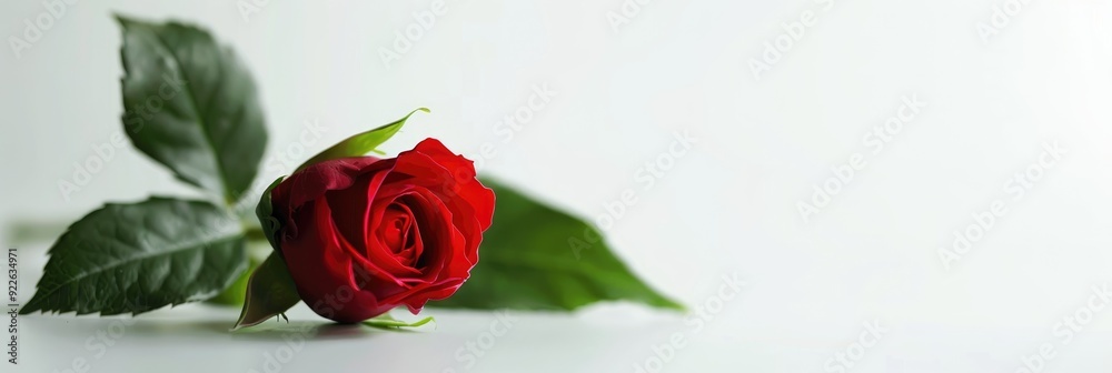 Obraz premium Red rosebud with leaf on a white background, text space available