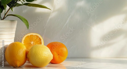 Fresh Citrus Fruits and Green Leaves in a White Vase on a Marble Countertop