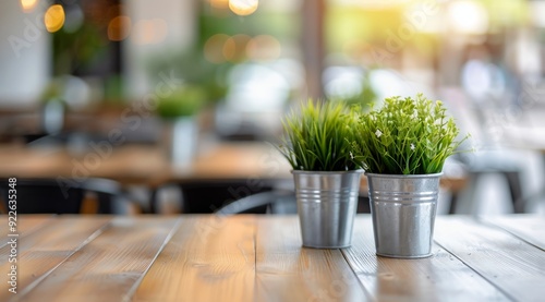 Green Plants in Silver Pots on Wooden Table at Cafe With Soft Bokeh Background