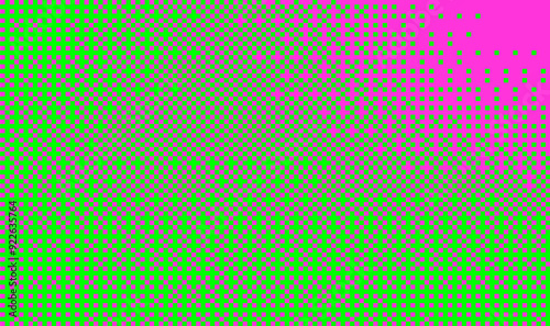 Pixelated bitmap gradient texture. Neon Green and pink dither pattern background. Abstract glitchy pattern. 8 bit video game screen wallpaper. Wide pixel art retro illustration. Vector backdrop