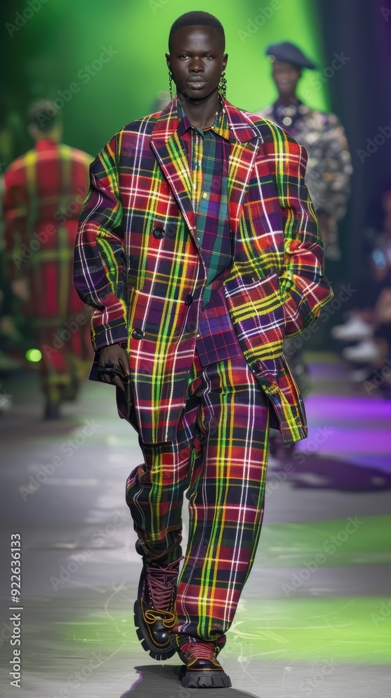 A model walks the runway in a bold plaid suit, surrounded by colorful lights and an enthusiastic audience